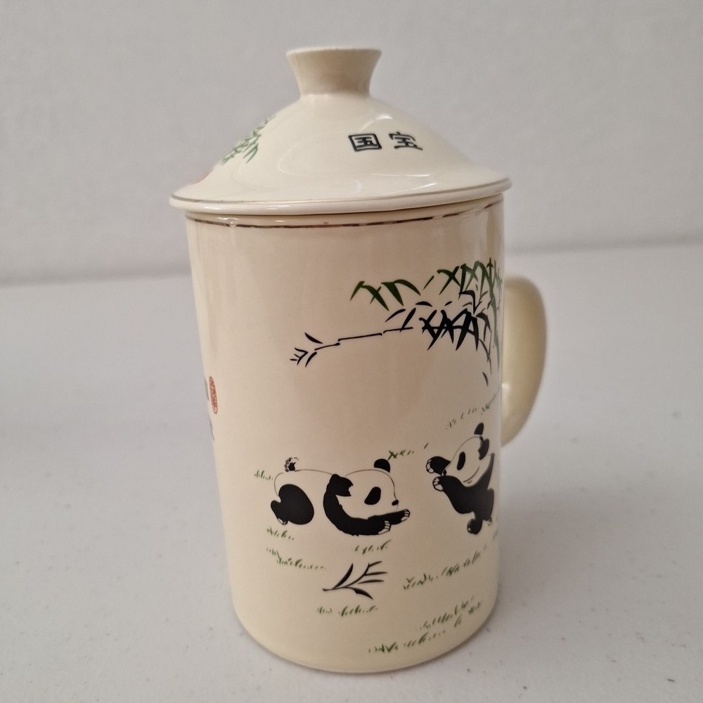 Vtg World Market 2pc Tea Mug W/ Lid Ceramic 5" Panda Bamboo Asia Coffee Cup - Picture 5 of 10